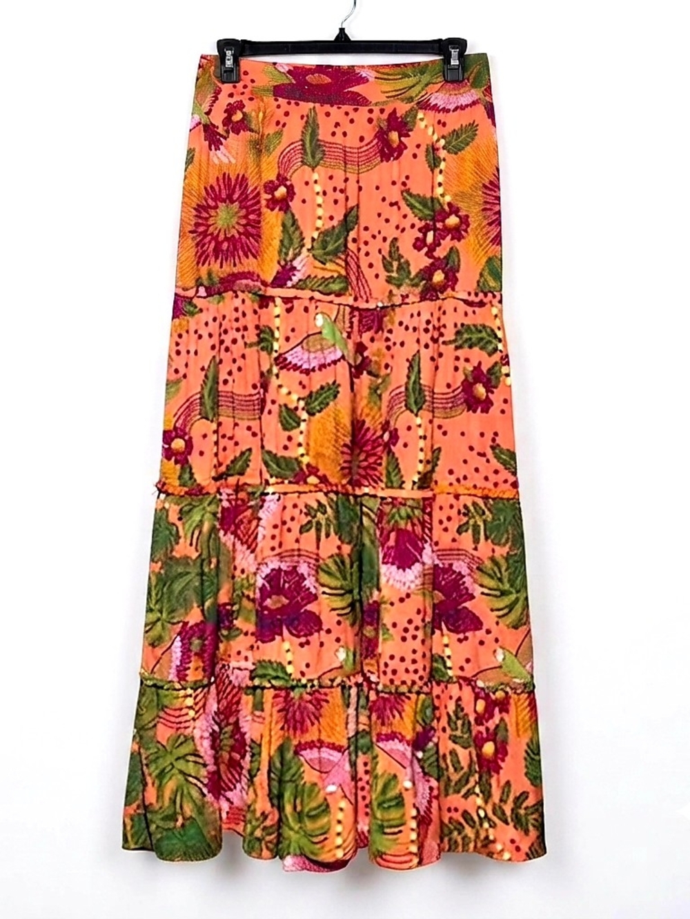 Joie Silk-Feel Tiered Maxi Skirt Tropical Parrot Floral Boho Peasant Pink 🌺🦜